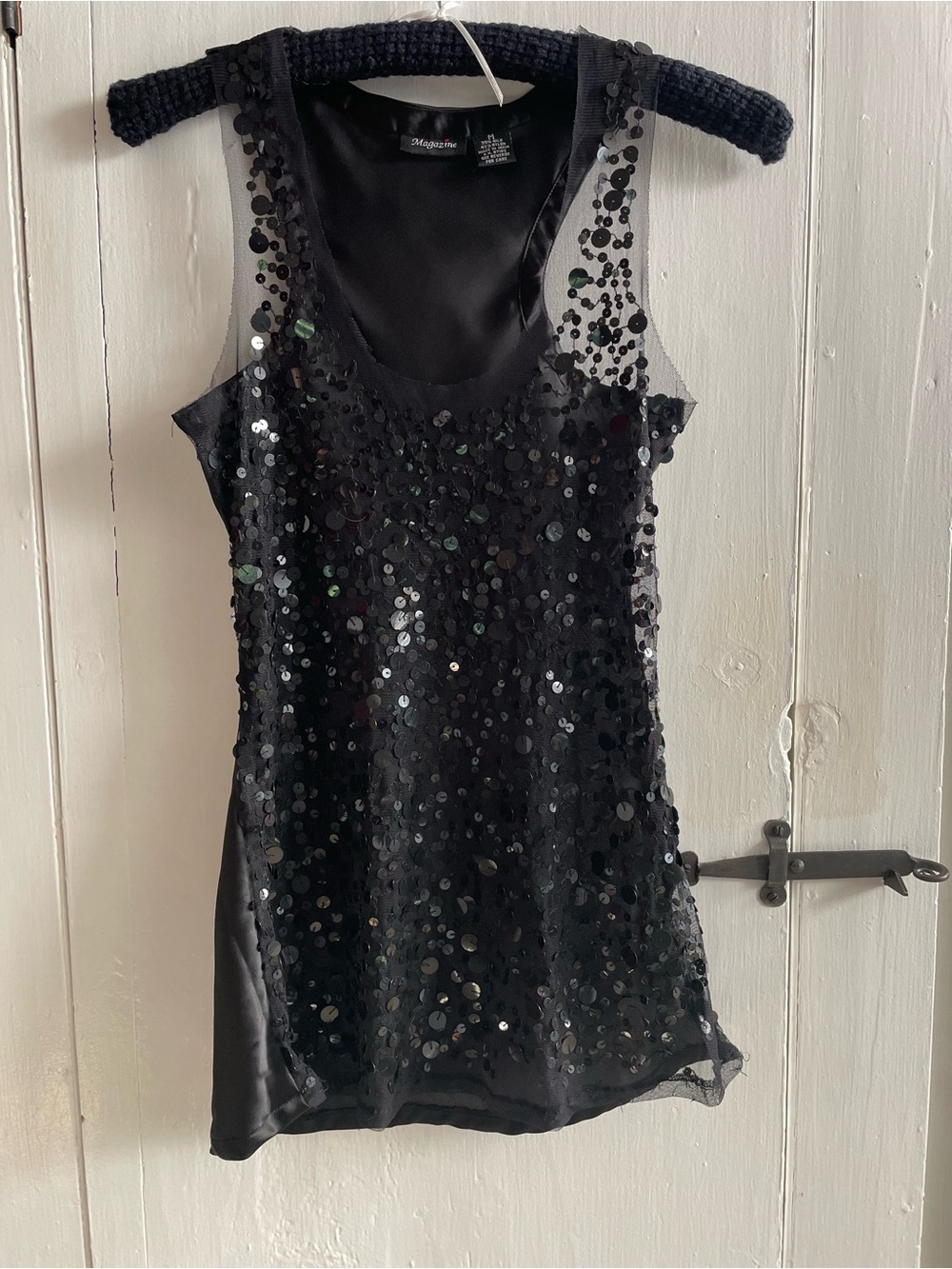 Magazine Black Mesh Sequin Sheer Scoop Neck Silk Racerback Tank Top Womens Sz M